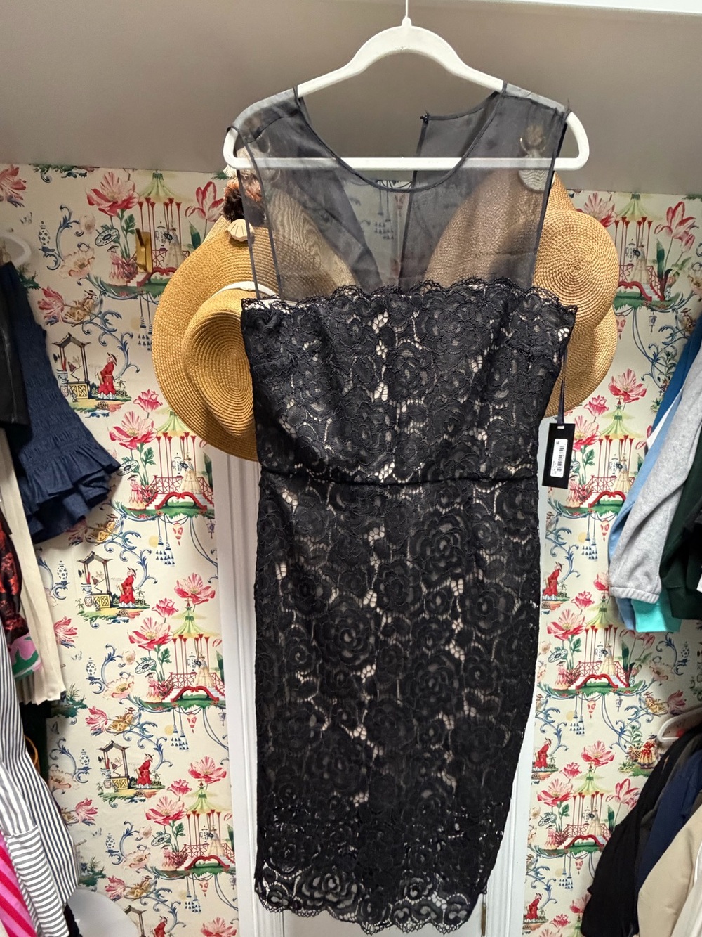 BNWT Vera Wang Black Lace Sheath Dress with Illusion Neckline